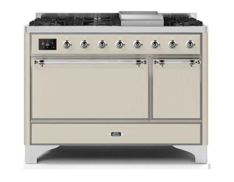 ILVE 48 Inch Majestic II Series Freestanding Dual Fuel Liquid Propane Range with 8 Sealed Brass Non Stick Coated Burners and Griddle (UM12FDQNS3)