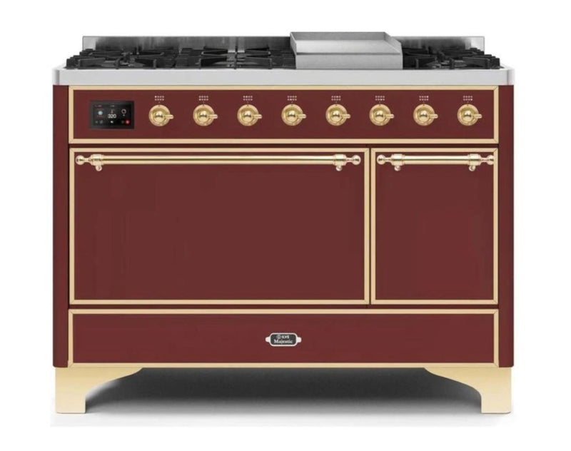 ILVE 48 Inch Majestic II Series Freestanding Dual Fuel Liquid Propane Range with 8 Sealed Brass Non Stick Coated Burners and Griddle (UM12FDQNS3)