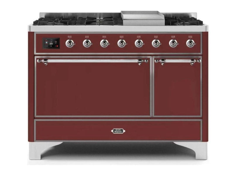 ILVE 48 Inch Majestic II Series Freestanding Dual Fuel Liquid Propane Range with 8 Sealed Brass Non Stick Coated Burners and Griddle (UM12FDQNS3)