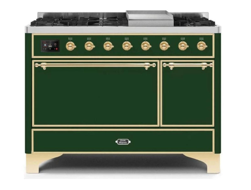 ILVE 48 Inch Majestic II Series Freestanding Dual Fuel Liquid Propane Range with 8 Sealed Brass Non Stick Coated Burners and Griddle (UM12FDQNS3)