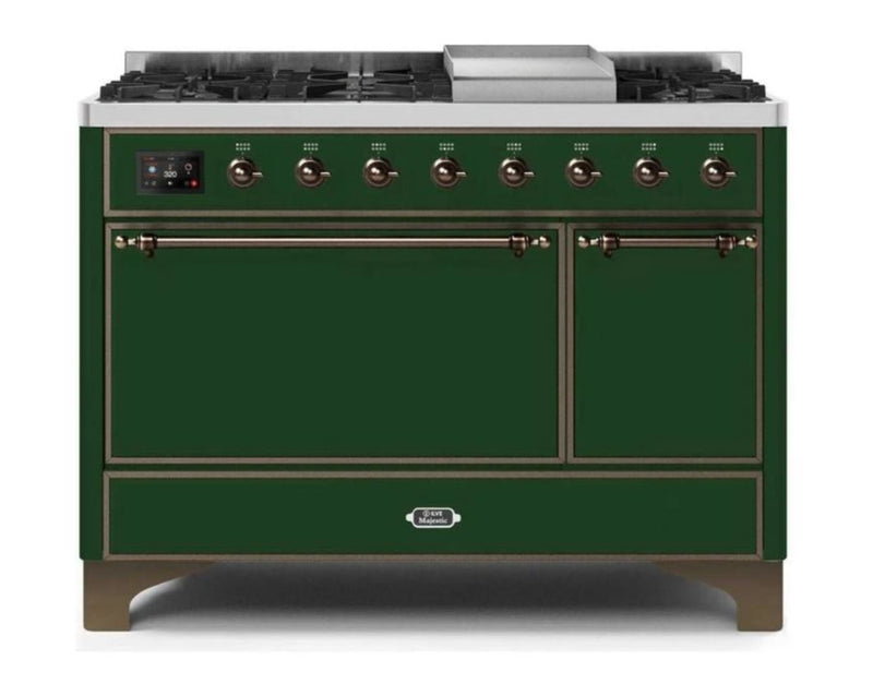 ILVE 48 Inch Majestic II Series Freestanding Dual Fuel Liquid Propane Range with 8 Sealed Brass Non Stick Coated Burners and Griddle (UM12FDQNS3)