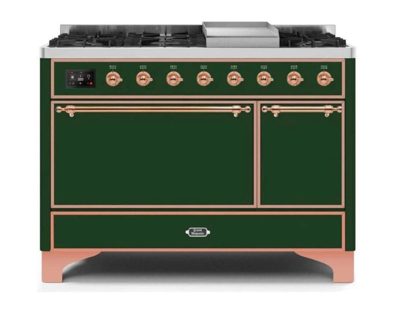 ILVE 48 Inch Majestic II Series Freestanding Dual Fuel Liquid Propane Range with 8 Sealed Brass Non Stick Coated Burners and Griddle (UM12FDQNS3)