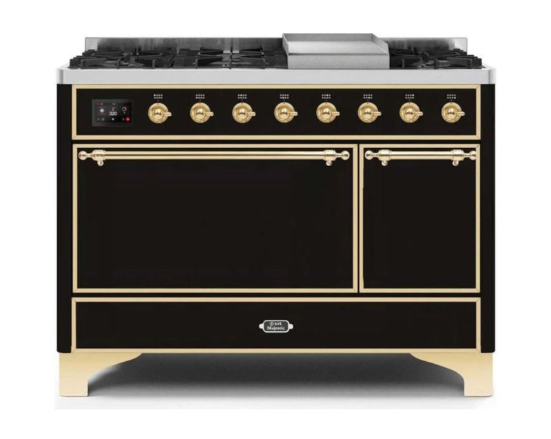 ILVE 48 Inch Majestic II Series Freestanding Dual Fuel Liquid Propane Range with 8 Sealed Brass Non Stick Coated Burners and Griddle (UM12FDQNS3)