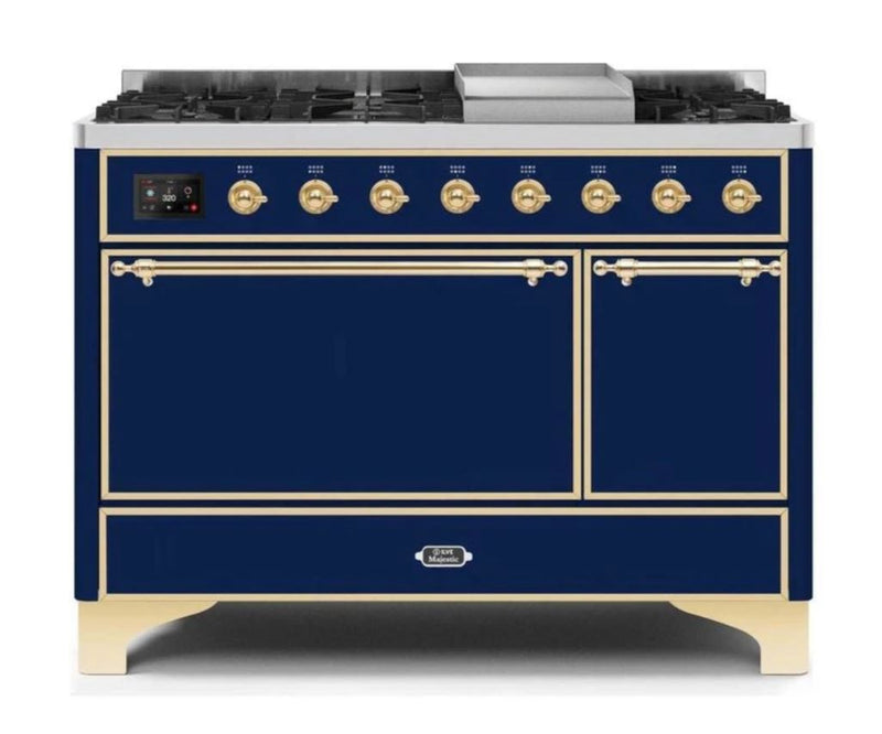 ILVE 48 Inch Majestic II Series Freestanding Dual Fuel Liquid Propane Range with 8 Sealed Brass Non Stick Coated Burners and Griddle (UM12FDQNS3)