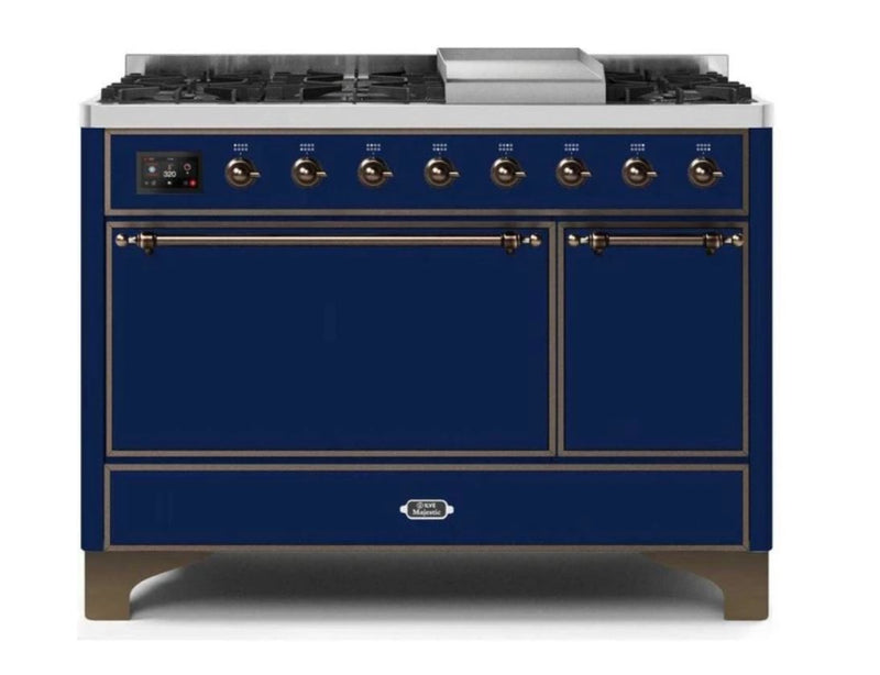 ILVE 48 Inch Majestic II Series Freestanding Dual Fuel Liquid Propane Range with 8 Sealed Brass Non Stick Coated Burners and Griddle (UM12FDQNS3)