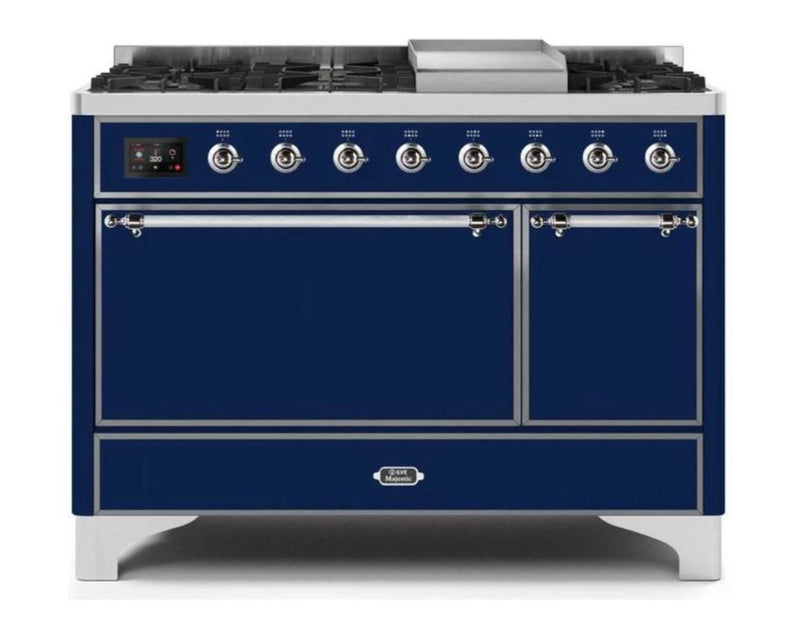 ILVE 48 Inch Majestic II Series Freestanding Dual Fuel Liquid Propane Range with 8 Sealed Brass Non Stick Coated Burners and Griddle (UM12FDQNS3)