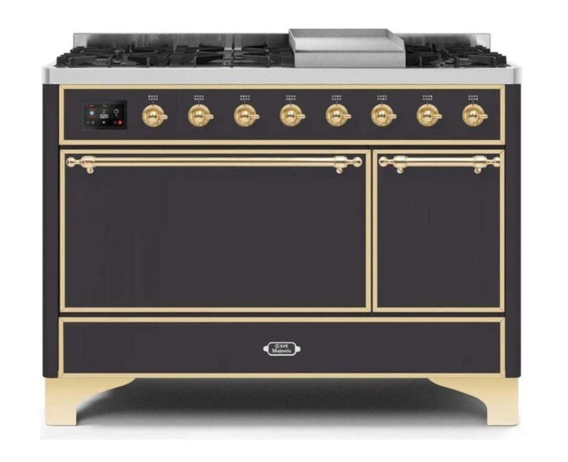 ILVE 48 Inch Majestic II Series Freestanding Dual Fuel Liquid Propane Range with 8 Sealed Brass Non Stick Coated Burners and Griddle (UM12FDQNS3)