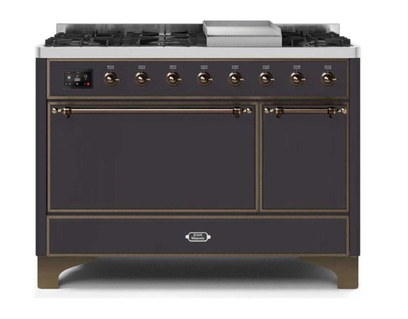 ILVE 48 Inch Majestic II Series Freestanding Dual Fuel Liquid Propane Range with 8 Sealed Brass Non Stick Coated Burners and Griddle (UM12FDQNS3)