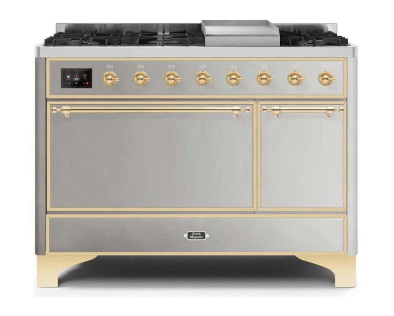 ILVE 48 Inch Majestic II Series Freestanding Dual Fuel Liquid Propane Range with 8 Sealed Brass Non Stick Coated Burners and Griddle (UM12FDQNS3)