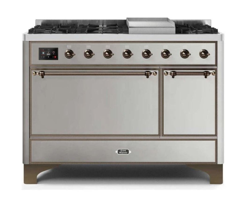 ILVE 48 Inch Majestic II Series Freestanding Dual Fuel Liquid Propane Range with 8 Sealed Brass Non Stick Coated Burners and Griddle (UM12FDQNS3)