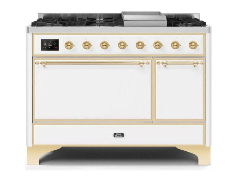 ILVE 48 Inch Majestic II Series Freestanding Dual Fuel Liquid Propane Range with 8 Sealed Brass Non Stick Coated Burners and Griddle (UM12FDQNS3)