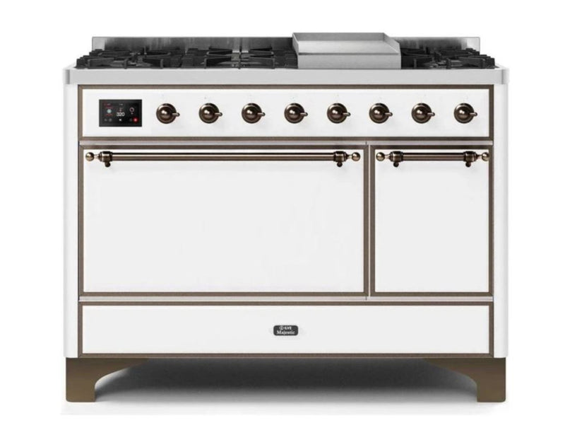 ILVE 48 Inch Majestic II Series Freestanding Dual Fuel Liquid Propane Range with 8 Sealed Brass Non Stick Coated Burners and Griddle (UM12FDQNS3)