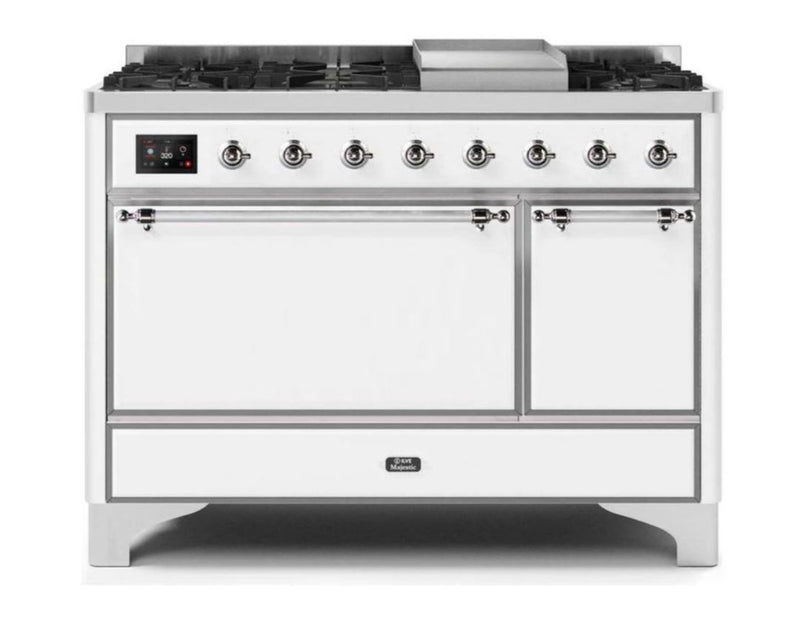 ILVE 48 Inch Majestic II Series Freestanding Dual Fuel Liquid Propane Range with 8 Sealed Brass Non Stick Coated Burners and Griddle (UM12FDQNS3)