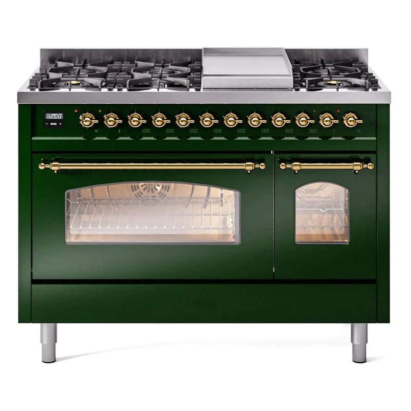 ILVE 48" Nostalgie II Series Freestanding Double Oven Dual Fuel Range with 8 Sealed Burners and Griddle