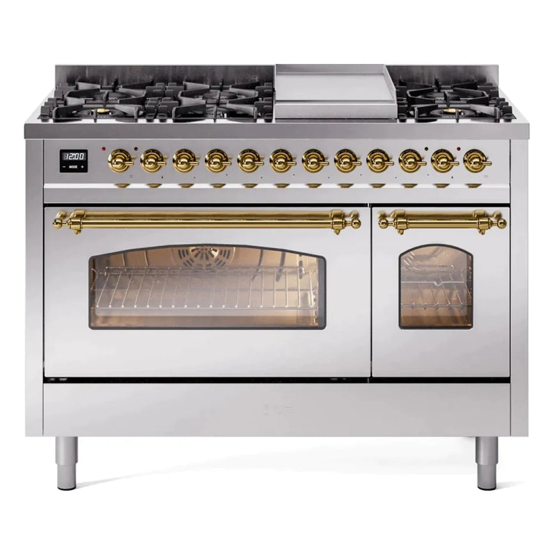 ILVE 48" Nostalgie II Series Freestanding Double Oven Dual Fuel Range with 8 Sealed Burners and Griddle