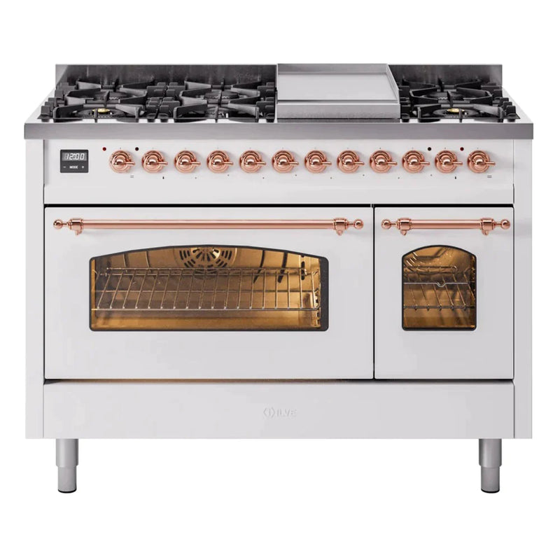 ILVE 48" Nostalgie II Series Freestanding Double Oven Dual Fuel Range with 8 Sealed Burners and Griddle