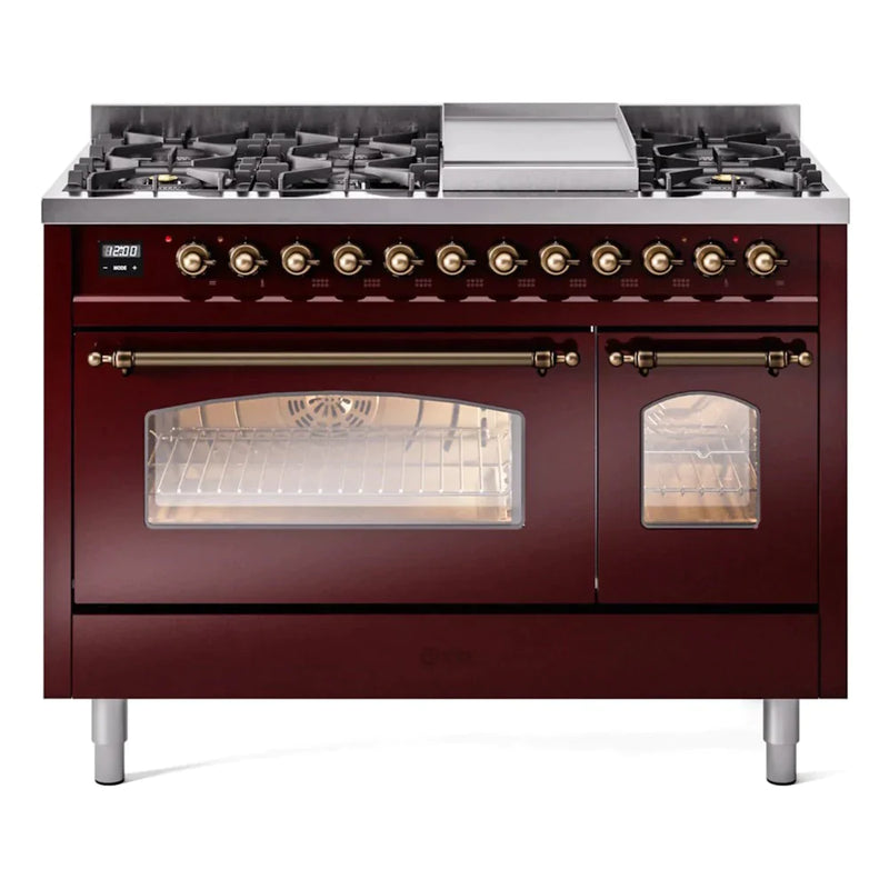 ILVE 48" Nostalgie II Series Freestanding Double Oven Dual Fuel Range with 8 Sealed Burners and Griddle