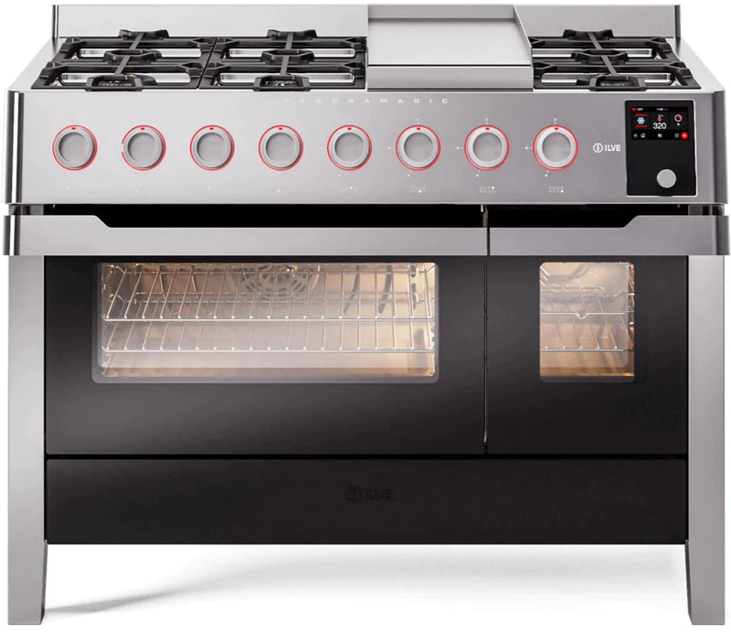 ILVE 48" Panoramagic Series Freestanding Double Oven Dual Fuel Range with 8 Sealed Burners and Griddle