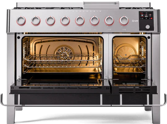 ILVE 48" Panoramagic Series Freestanding Double Oven Dual Fuel Range with 8 Sealed Burners and Griddle