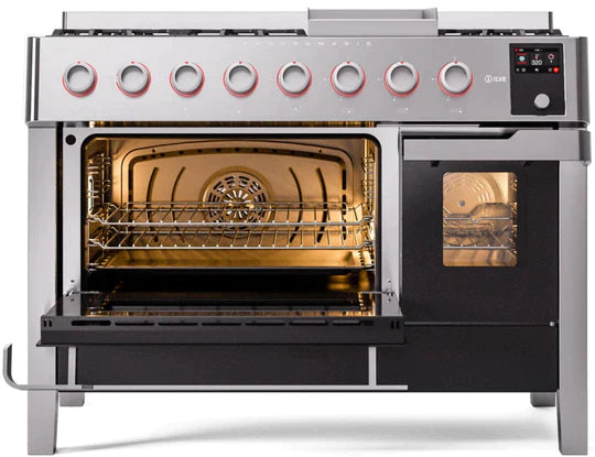 ILVE 48" Panoramagic Series Freestanding Double Oven Dual Fuel Range with 8 Sealed Burners and Griddle