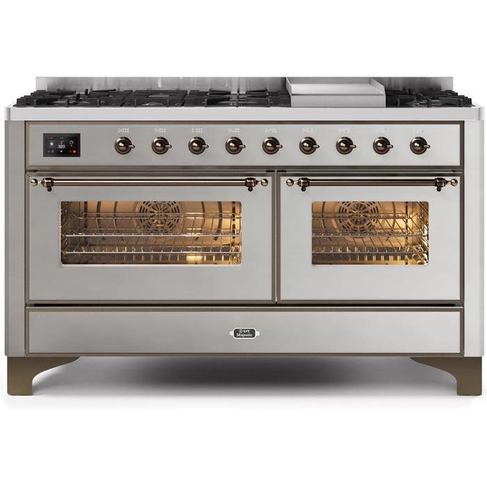 ILVE 60 Inch Majestic II Series Dual Fuel Natural Gas Range with 9 Sealed Burners and Griddle with 5.8 cu. ft. Total Oven Capacity TFT Oven Control Display (UM15FDNS3)