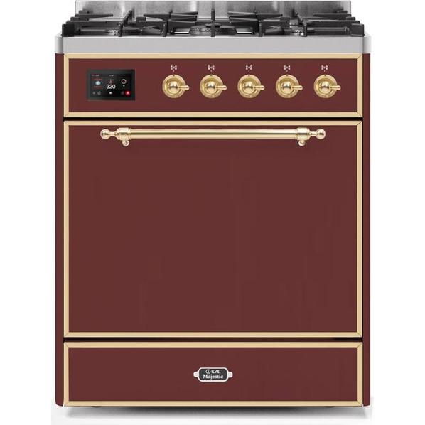 ILVE - Majestic II Series - 30 Inch Dual Fuel Freestanding Range Gas/Propane (UM30DQNE3) - Burgundy with Brass Trim