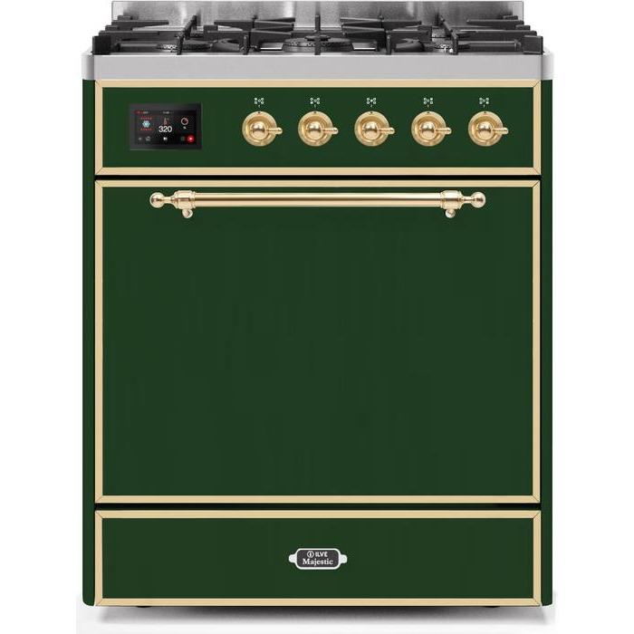 ILVE - Majestic II Series - 30 Inch Dual Fuel Freestanding Range Gas/Propane (UM30DQNE3) - Emerald Green with Brass Trim