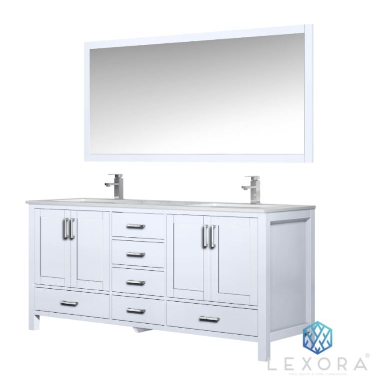 Jacques 72" White Double Vanity, White Carrara Marble Top, White Square Sinks and 70" Mirror LJ342272DADSM70