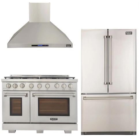 Kucht Appliance Package - 48 inch Gas Range in Stainless Steel, Wall Range Hood, Refrigerator - K748-KFX480-FDS