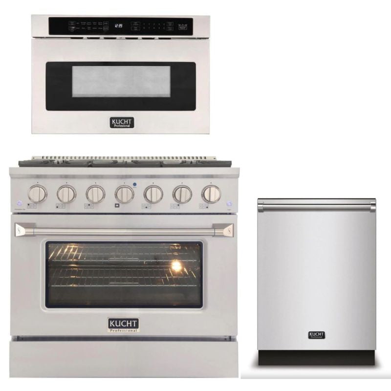 Kucht Appliance Package Professional 36 in. 5.2 cu ft. Natural Gas Range, Microwave Drawer, Dishwasher, KMD24S-KNG-361