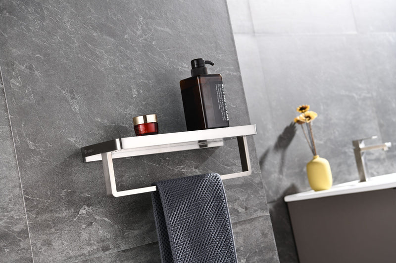 Lexora Bagno Bianca Stainless Steel White Glass Shelf w/ Towel Bar - Brushed Nickel LST18152BN-WG