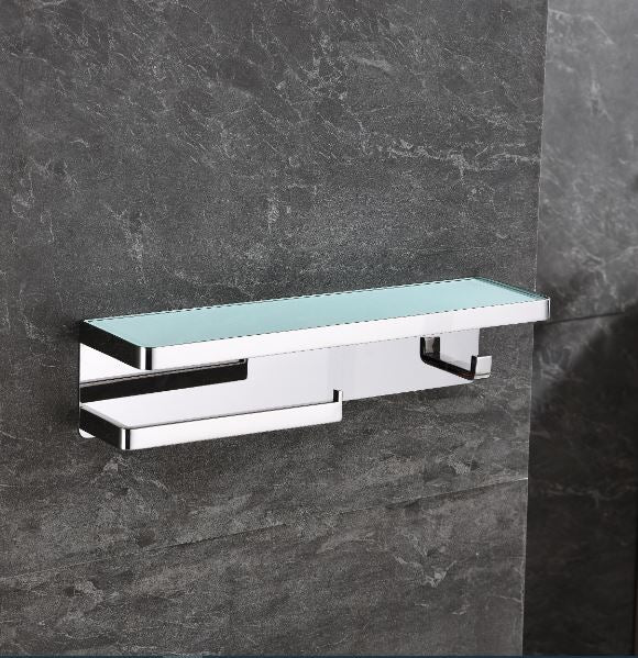 Lexora Bagno Bianca Stainless Steel White Glass Shelf w/ Towel Bar & Robe Hook - Chrome LSTR18152PC-WG