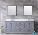 Lexora Dukes 80" Dark Grey Double Vanity, White Carrara Marble Top, White Square Sinks and 30" Mirrors LD342280DBDSM30