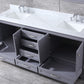 Lexora Dukes 80" Dark Grey Double Vanity, White Carrara Marble Top, White Square Sinks and 30" Mirrors LD342280DBDSM30