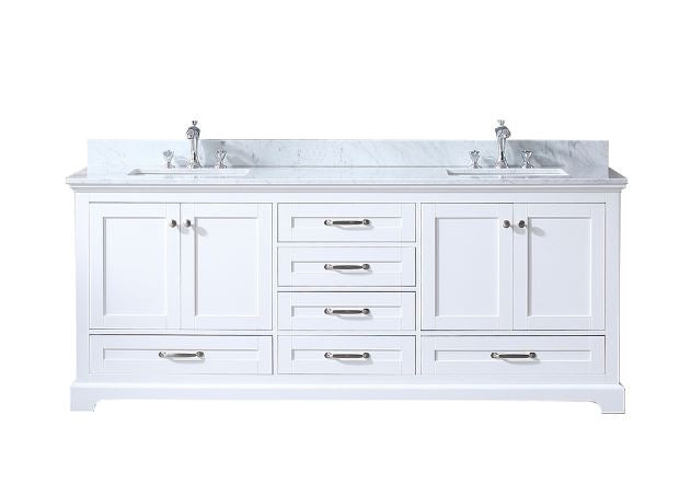 Lexora Dukes 80" White Double Vanity, White Carrara Marble Top, White Square Sinks and no Mirror LD342280DADS000