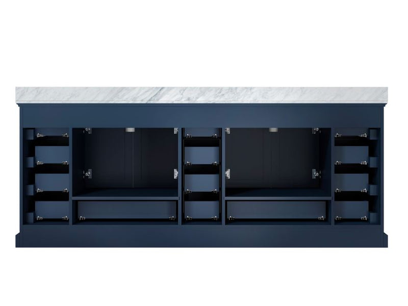 Lexora Dukes 84" Navy Blue Double Vanity, White Carrara Marble Top, White Square Sinks and no Mirror LD342284DEDS000