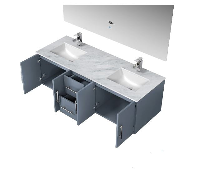 Lexora Geneva 60" Dark Grey Double Vanity, White Carrara Marble Top, White Square Sinks and 60" LED Mirror LG192260DBDSLM60