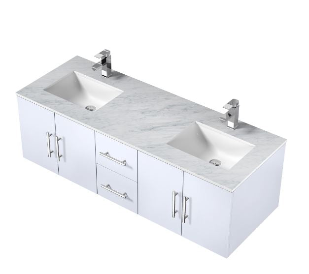 Lexora Geneva 60" Glossy White Double Vanity, White Carrara Marble Top, White Square Sinks and no Mirror LG192260DMDS000