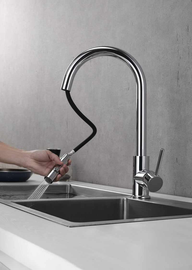 Lexora Olivi Brass Kitchen Faucet w/ Pull Out Sprayer - Chrome LKFS8011CH