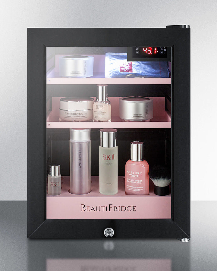Summit BeautiFridge Cosmetics Cooler with Pink Shelving and Glass Door
