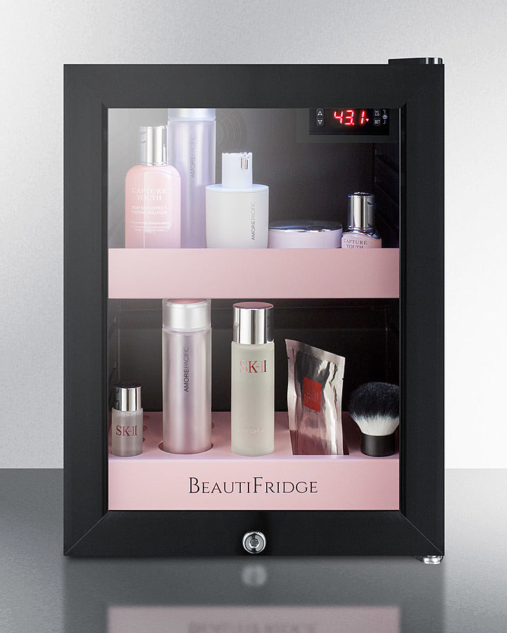 Summit BeautiFridge Cosmetics Cooler with Pink Shelving and Glass Door