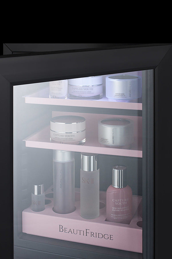 Summit BeautiFridge Cosmetics Cooler with Pink Shelving and Glass Door