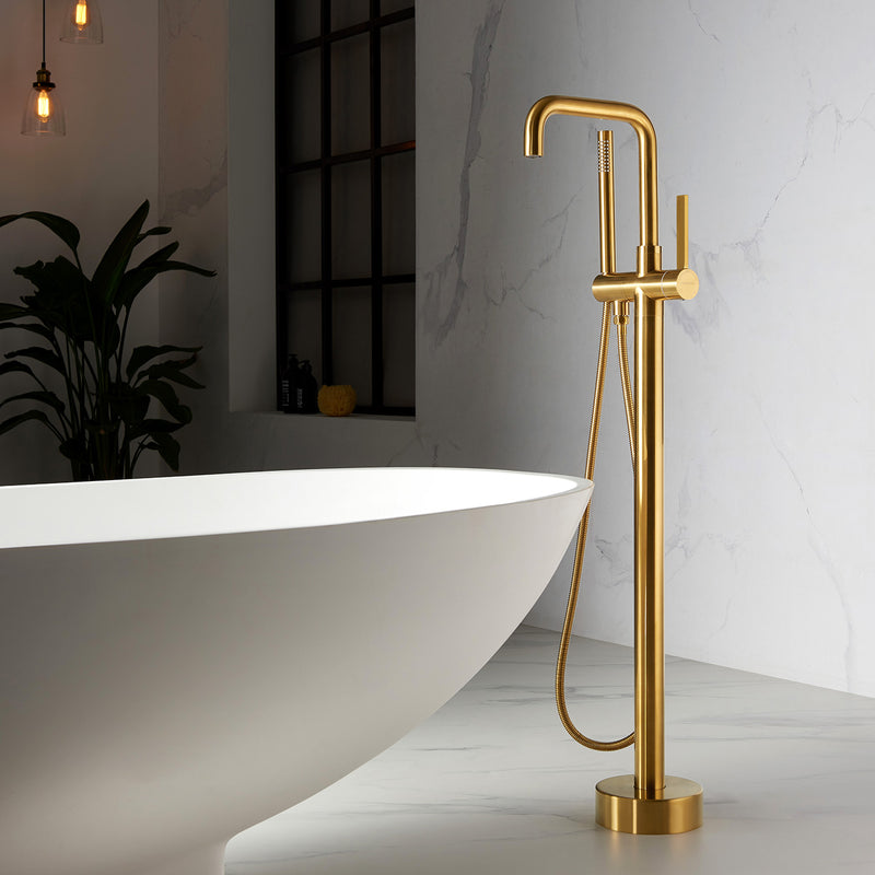 Vinnova Delara Freestanding Chrome Tub Faucet with Hand Shower Brushed Gold Finish