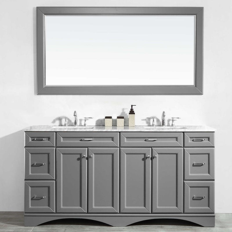Vinnova Naples 72" Vanity Set in Grey with Carrara White Marble Countertop with Mirror